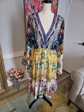 Johnny Was Mixed-Print V-Neck Midi Dress - Yellow, Black, Blue, Pink